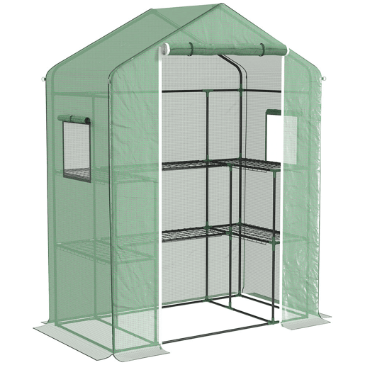 Outsunny Estufa de Jardim Estufa com 1 Porta 2 Janelas e Prateleiras de 2 Níveis em Forma de U para Cultivo de Plantas em Varanda Pátio 140x73x190 cm Verde