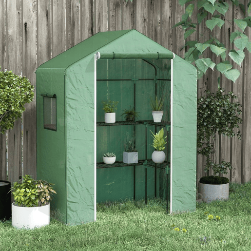 Outsunny Estufa de Jardim Estufa com 1 Porta 2 Janelas e Prateleiras de 2 Níveis em Forma de U para Cultivo de Plantas em Varanda Pátio 140x73x190 cm Verde