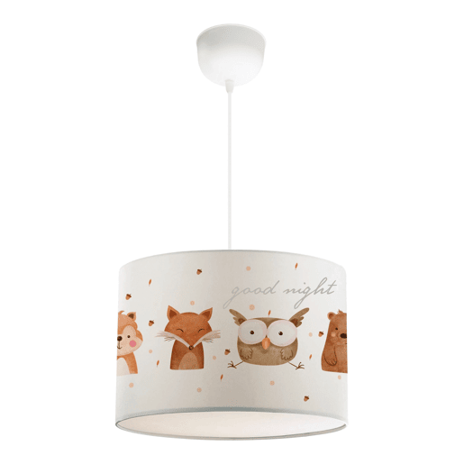 Candeeiro pendente para crianças Rugby 1 x E27 20 W motivos animais da floresta tecido plástico 70 x 28 cm branco lux.pro.