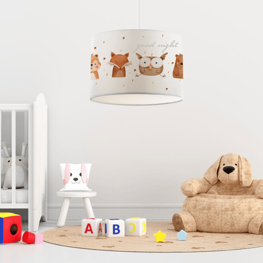 Candeeiro pendente para crianças Rugby 1 x E27 20 W motivos animais da floresta tecido plástico 70 x 28 cm branco lux.pro.
