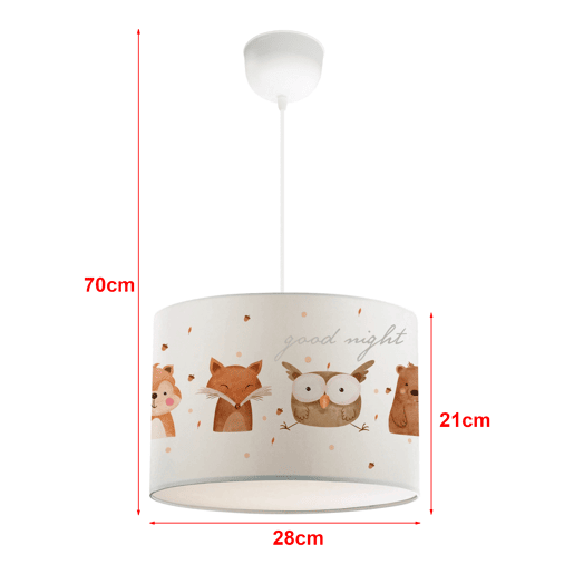 Candeeiro pendente para crianças Rugby 1 x E27 20 W motivos animais da floresta tecido plástico 70 x 28 cm branco lux.pro.