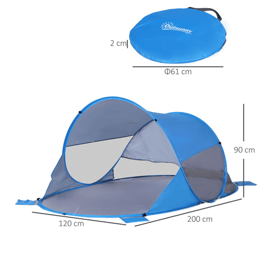 Outsunny Tenda de Praia Dobrável Pop-Up para 1-2 Pessoas com 1 Porta 2 Janelas e Bolsa de Transporte para Parque Campismo 200x120x90 cm Azul