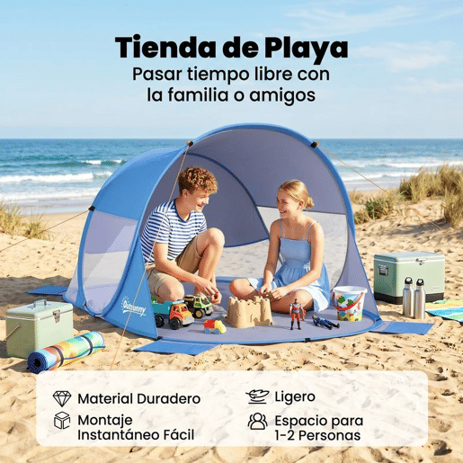 Outsunny Tenda de Praia Dobrável Pop-Up para 1-2 Pessoas com 1 Porta 2 Janelas e Bolsa de Transporte para Parque Campismo 200x120x90 cm Azul