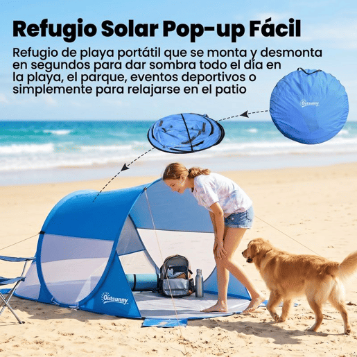Outsunny Tenda de Praia Dobrável Pop-Up para 1-2 Pessoas com 1 Porta 2 Janelas e Bolsa de Transporte para Parque Campismo 200x120x90 cm Azul