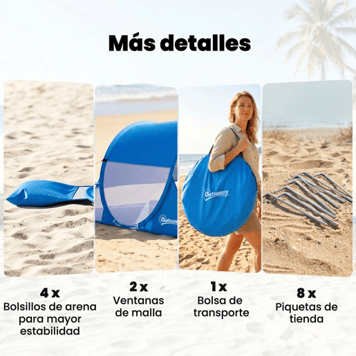 Outsunny Tenda de Praia Dobrável Pop-Up para 1-2 Pessoas com 1 Porta 2 Janelas e Bolsa de Transporte para Parque Campismo 200x120x90 cm Azul