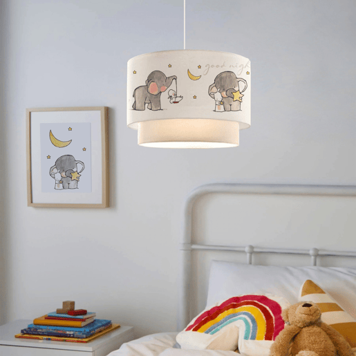 Candeeiro pendente para crianças Lurgan 1xE27 20 W motivo elefante tecido plástico 70xØ30 cm branco lux.pro.