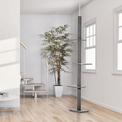 PawHut Arranhador para Gatos de Chão ao Teto 43x27x228-260 cm com Altura Ajustável, 4 Plataformas e Poste Cinzento