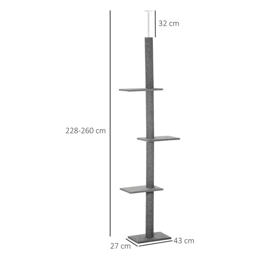 PawHut Arranhador para Gatos de Chão ao Teto 43x27x228-260 cm com Altura Ajustável, 4 Plataformas e Poste Cinzento