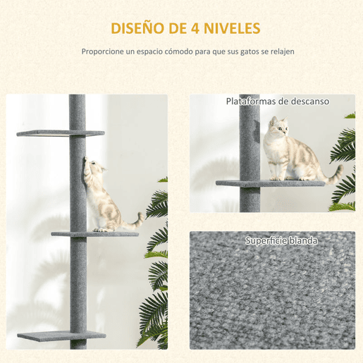 PawHut Arranhador para Gatos de Chão ao Teto 43x27x228-260 cm com Altura Ajustável, 4 Plataformas e Poste Cinzento