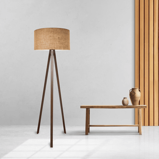 Candeeiro de pé tripé Newport 1xE27 20 W MDF Têxtil 21 x Ø 38 cm - Castanho  Efeito Madeira lux.pro.