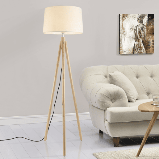 Candeeiro de pé Tomar - Tripé - Altura 153 cm - Tecido metálico - 43 x 38 x 24 cm - Aspeto branco e madeira - 1 x E27 lux.pro lux.pro