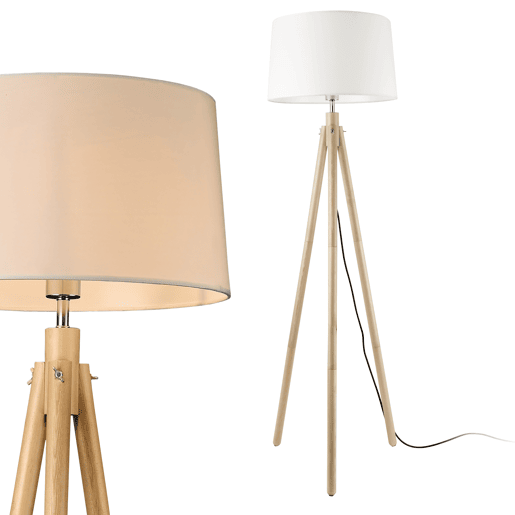 Candeeiro de pé Tomar - Tripé - Altura 153 cm - Tecido metálico - 43 x 38 x 24 cm - Aspeto branco e madeira - 1 x E27 lux.pro lux.pro