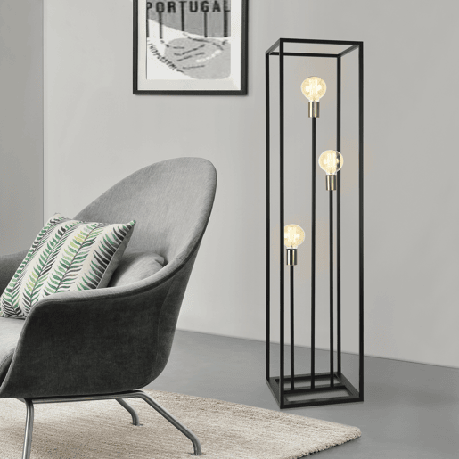 Candeeiro de pé Groningen - 140 x 30 x 30 x 30 cm - Candeeiro de design com 3 focos - Iluminação de interior - 3 x E27 - Metal - Preto e latão lux.pro.