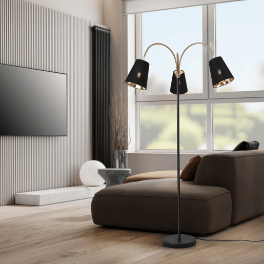 Candeeiro de pé Wycombe 3x E14 40W metal tecido 154x88 cm - PretoDourado lux.pro