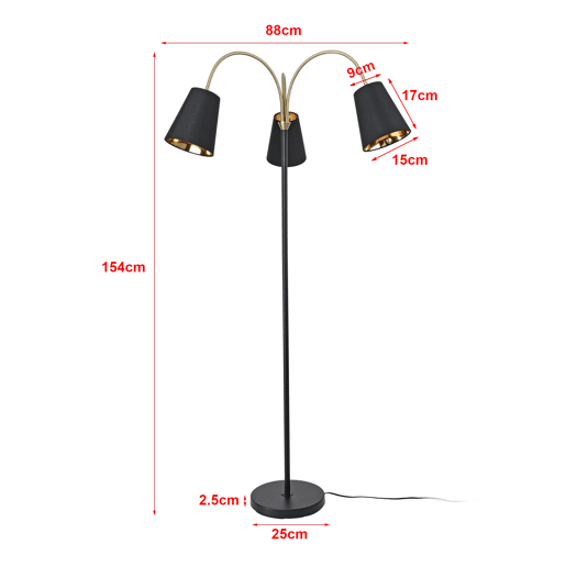 Candeeiro de pé Wycombe 3x E14 40W metal tecido 154x88 cm - PretoDourado lux.pro