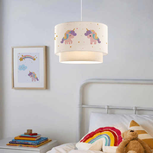 Candeeiro suspenso para crianças Lurgan 1xE27 20 W unicórnio motivo tecido plástico 70xØ30 cm branco lux.pro.
