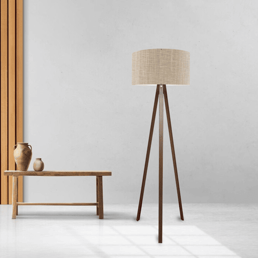 Candeeiro de pé tripé Newport 1xE27 20 W MDF têxtil 21 x Ø 38 cm - Castanho claro  Efeito madeira lux.pro.