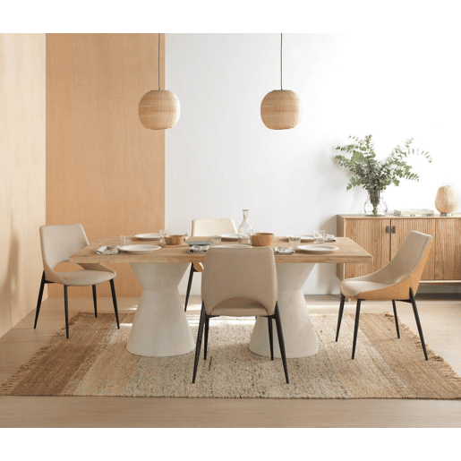 Mesa de jantar em madeira de abeto e base em poliresina branca