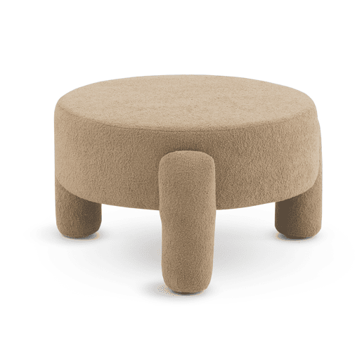 Estrutura do pufe e pernas estofadas em boucle taupe
