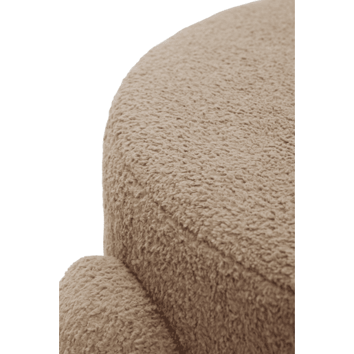 Estrutura do pufe e pernas estofadas em boucle taupe