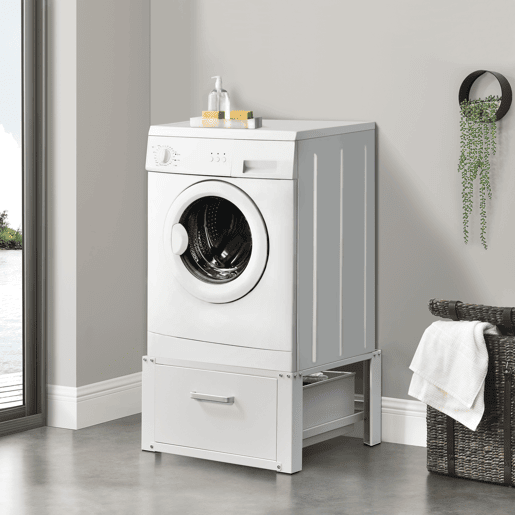 Pedestal para máquina de lavar roupa com gaveta até 150 kg Aço Alumínio 63 x 54 x 31 cm Branco en.casa