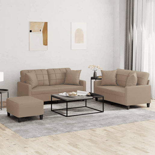 vidaXL 3 pcs conjunto sofás c almofadas couro artificial cappuccino