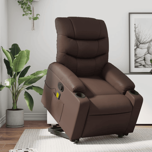 vidaXL Poltrona massagens reclinável elevatória couro artif. castanho vidaXL Poltrona massagens reclinável elevatória couro artif. castanho
