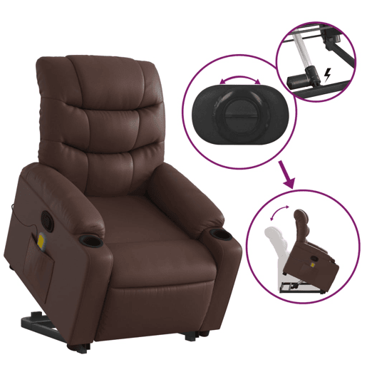 vidaXL Poltrona massagens reclinável elevatória couro artif. castanho vidaXL Poltrona massagens reclinável elevatória couro artif. castanho