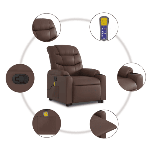 vidaXL Poltrona massagens reclinável elevatória couro artif. castanho vidaXL Poltrona massagens reclinável elevatória couro artif. castanho