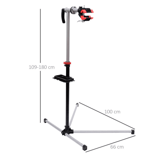 HOMCOM Suporte de Reparação de Bicicleta Portátil Suporte para Bicicleta com Altura Ajustável 109-180cm Giratório 360° Bandeja de Ferramenta até 30kg 100x66x180cm Preto