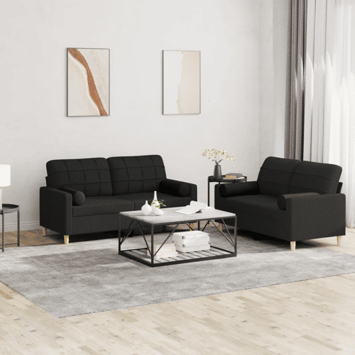 vidaXL 2 pcs conjunto de sofás com almofadas tecido preto vidaXL 2 pcs conjunto de sofás com almofadas tecido preto