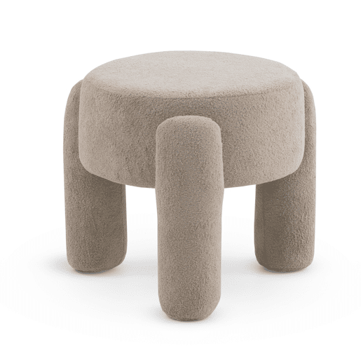 Estrutura do pufe e pernas estofadas em boucle taupe