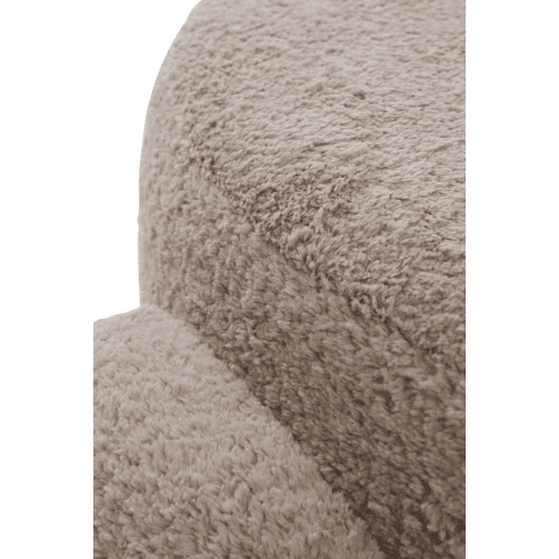 Estrutura do pufe e pernas estofadas em boucle taupe