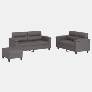 vidaXL 3 pcs conjunto de sofás c almofadões couro artificial cinzento