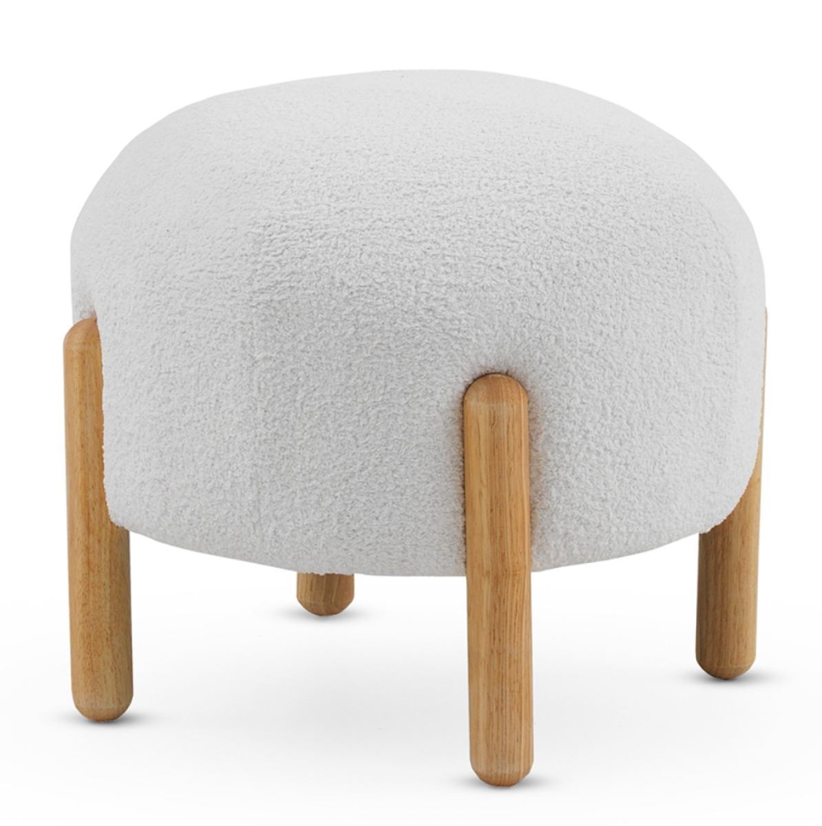 Puf tapizado en boucle con estructura y patas en madera pino