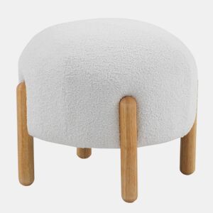 Pouffe estofado em boucle branco com estrutura e pernas em madeira de pinho natural