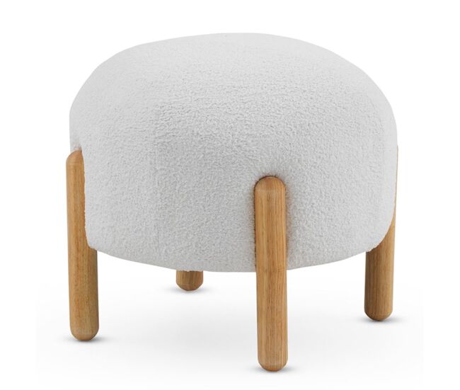 Puf tapizado en boucle blanco con estructura y patas en madera pino natural