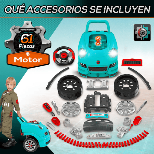 HOMCOM Motor de Caminhão para Crianças acima de 3 Anos Conjunto de Motor de Brinquedo com 61 Peças Volante Buzina Faróis Caixa de Armazenamento e Rodas 40x39x47cm Turquesa
