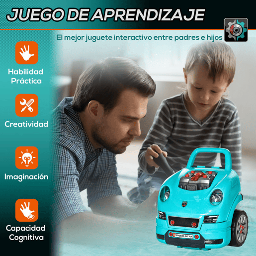 HOMCOM Motor de Caminhão para Crianças acima de 3 Anos Conjunto de Motor de Brinquedo com 61 Peças Volante Buzina Faróis Caixa de Armazenamento e Rodas 40x39x47cm Turquesa