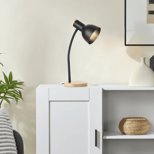 Candeeiro de mesa Woodley design industrial 1x E14 40 W metal + madeira 37 x 15 x 15 cm - Preto e Madeira lux.pro.