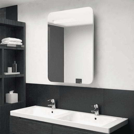 vidaXL Armário espelhado casa de banho LED 60x11x80cm branco brilhante vidaXL Armário espelhado casa de banho LED 60x11x80cm branco brilhante