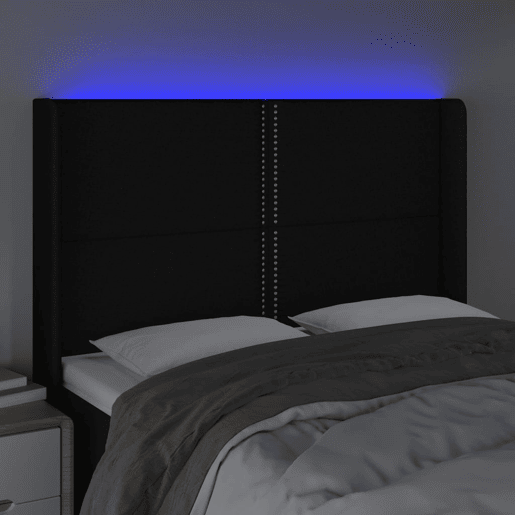 vidaXL Cabeceira de cama c luzes LED tecido 147x16x118128 cm preto
