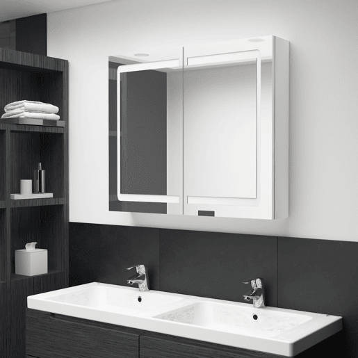 vidaXL Armário espelhado casa de banho LED 80x12x68cm branco brilhante vidaXL Armário espelhado casa de banho LED 80x12x68cm branco brilhante