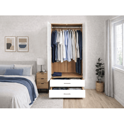 Roupeiro Milan (Branco, Carvalho Claro)(2 Portas de Abrir, 2 Gavetas)