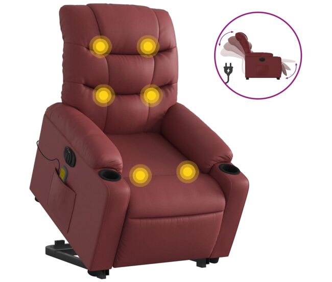 Vidaxl sillón de masaje elevable eléctrico cuero artificial rojo tinto