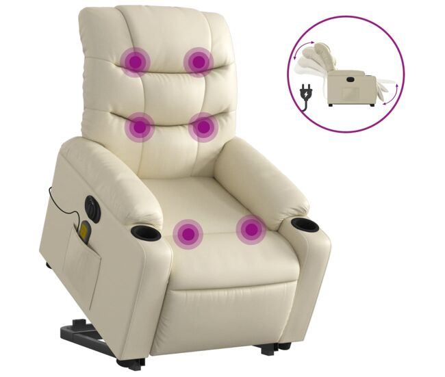 Vidaxl sillón de masaje elevable eléctrico cuero sintético crema