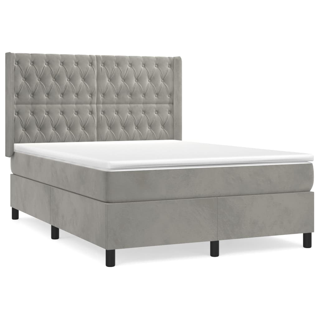Cama box spring con colchón terciopelo gris claro 140x200 cm diseño de botones
