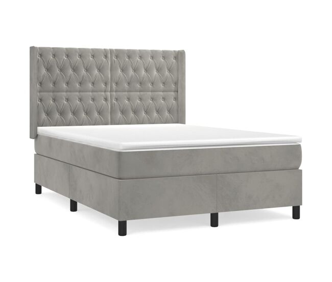 Cama box spring con colchón terciopelo gris claro 140x200 cm diseño de botones