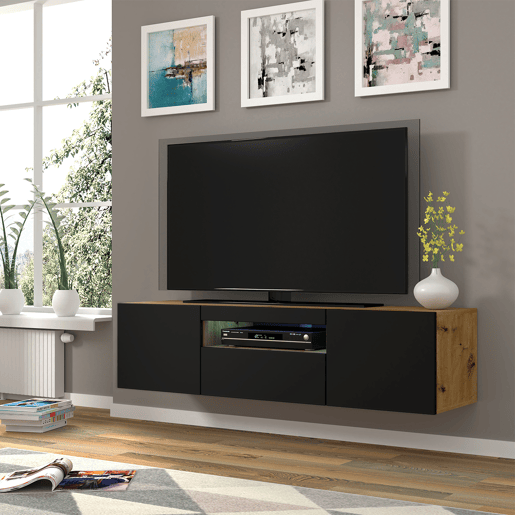 Móvel para TV de parede Aurus Preto e Madeira com 3 portas 150 cm