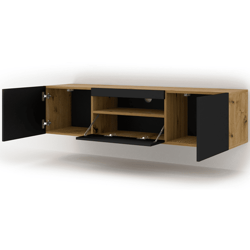 Móvel para TV de parede Aurus Preto e Madeira com 3 portas 150 cm